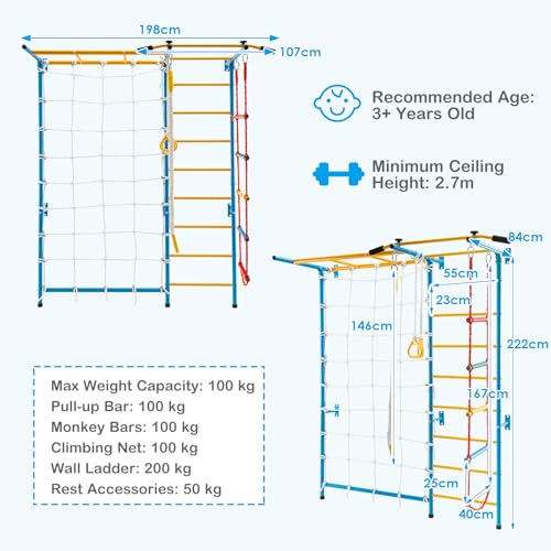 HONEY JOY Climbing Toys for Toddlers, Upgrade Metal Indoor Kids Gym for Solid Wall, Playground and Climbing Exercise Set with Rope Ladder, Pull-up Bar, Monkey Bars, Gymnastic Rings (7 in 1) - size: 7 In 1