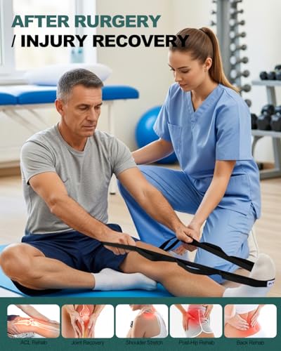 Trideer Stretching Strap with Loops & Leg Lifter, Non-Elastic PT-Style Physical Therapy Strap for Knee Replacement Rehab, Hamstring, Calf & Back Stretcher Mobility, Hip, Shoulder & Yoga - color: Black