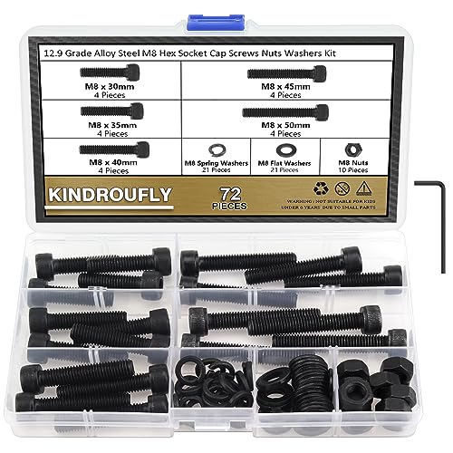 72 Pieces Black M8 x 30/35 /40/45 /50 mm Hex Socket Head Cap Screws Nuts Washers Assortment Kit, 12.9 Grade Alloy Steel - size: M8 x 30/35/40/45/50mm, style: Socket Head
