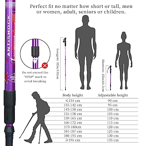 Aihoye Trekking Poles,Adjustable Shock Absorbing Hiking Walking Stick-2Pcs | Aviation aluminum,Collapsible, Lightweight, All-terrain walking poles, Carry bag included - color: purple