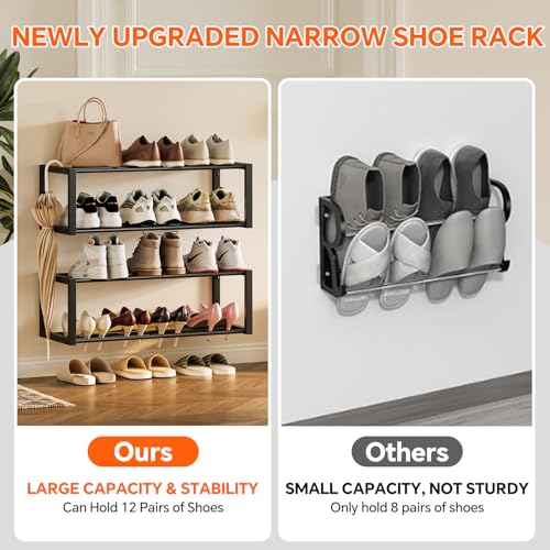 Homeiju Hanging Shoe Organizer,2 Pack Wall Mounted Shoe Rack Holds 12 Pairs,Space Saving Metal Wall Shoe Rack,Hanging Shoe Rack Shoe Holder for Small Space,Entryway,Closet,RV,Camper（Black - color: Black