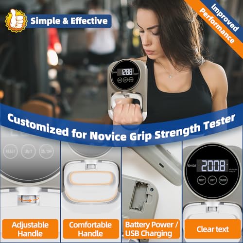 Grip Strength Tester Hand Gripper - Grip Strength Trainer Hand Dynamometer Handheld Meter LED Display Comfortable 265 Lbs / 120 Kgs Finger Strengthener for Sports Home School Gym Use - color: Gray