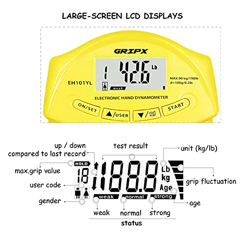 Digital Hand Dynamometer Grip Strength Measurement Meter Auto Capturing Electronic Hand Grip Power 198Lbs / 90Kgs - color: Yellow