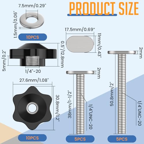 10 Sets 1/4-20 T Track Bolt Knob Kit | T-Track Accessory Includes 1-1/2" & 2" T-Slot Bolts with Washers and Star Knobs for Woodworking Jigs and Fixtures - size: 1/4-20 T Track Knob Kit