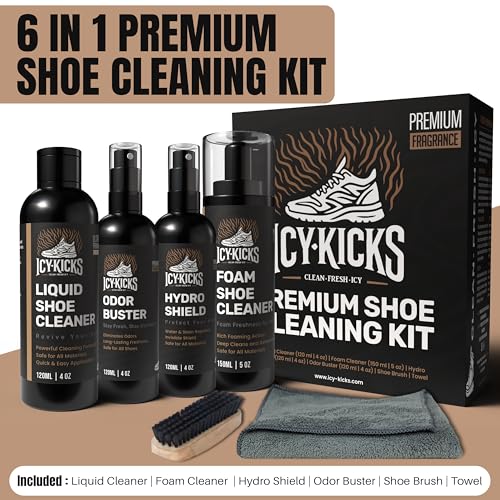 ICYKICKS Premium 6-in-1 Sneaker & Shoe Cleaning Kit – Foam Cleaner, Water-Repellent, Odor Eliminator, Brush & Microfiber Towel – Safe for Leather, Suede, Canvas – Deep Clean Sneakers Fast