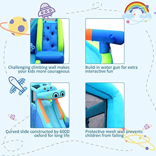 OLAKIDS Inflatable Water Slide, Hippo Themed Bounce House Water Park with Slide Splash Pool Climbing Wall Water Gun, Outdoor Inflatable Obstacle Course Jumping Castle for Kids Backyard with Blower - style: with 680W Blower