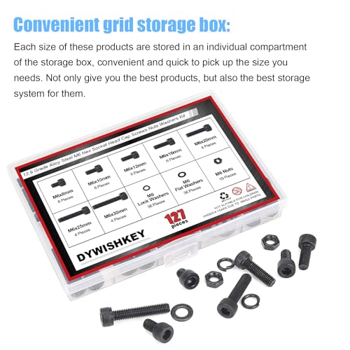 DYWISHKEY 127 Pieces M6 Black Screws, 12.9 Grade Alloy Steel M6x 8/10 /12/16 /20/25 /30mm Hex Socket Head Cap Screws Bolts Nuts Washers Assortment Kit - size: M6, style: Socket Head