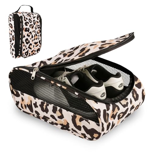 Golf Shoe Bag, Outdoor Zipper Sports Shoe Strap Bag with Air Mesh Ventilation, Durable Waterproof Golf Shoe Carry Bags with Sturdy Handle for Gym, Soccer, Running & Suitcase Packing (Leopard Print) - color: Brown Leopard
