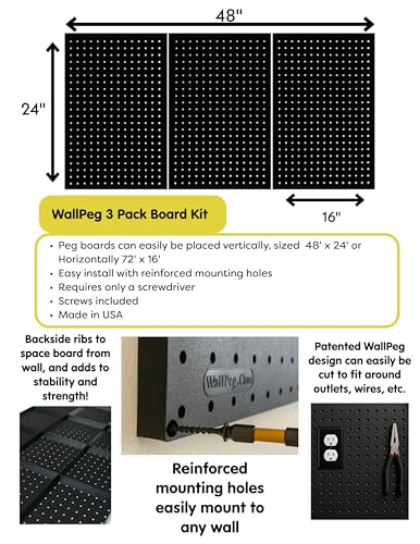 WallPeg 24" x 48" Pegboard Wall Organizer - Kit (PK-312-B) Peg Board Organizer Accessories for Garage pegboard Storage, Tool & Craft Organization with Pegboard. Hooks, and Peg Board Bins