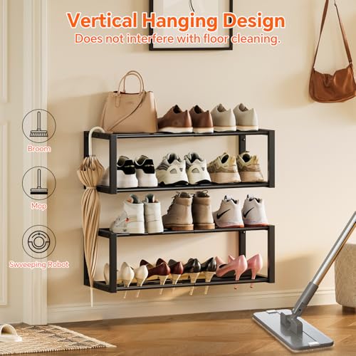 Homeiju Hanging Shoe Organizer,2 Pack Wall Mounted Shoe Rack Holds 12 Pairs,Space Saving Metal Wall Shoe Rack,Hanging Shoe Rack Shoe Holder for Small Space,Entryway,Closet,RV,Camper（Black - color: Black