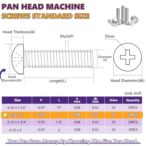 20Pcs 6-32x1 Phillips Pan Head Machine Screws Kit 304 SS for Outlet | Full Thread, Anti-Rust & Anti-Corrosion, For DIY & Cabinet Fix, Wall Switch Plates & Receptacle Mount, Storage Case Included - size: 6-32 x 1