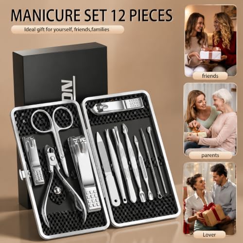 Manicure Set, Stainless Steel Nail Clipper Set with Luxurious Travel Case | 12-Piece Set with Thicker Steel, Precision-ground Cutting Edges, and Smooth-finished Tools for Clean, Precise Trimming. - color: Silver and Black