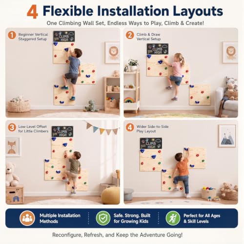 Rock Climbing Wall for Kids, 82.5 x 23.6 Inch Indoor Gym Playground Play Set with Drawing Blackboard, Wooden Climber & 18 Holds, Rock Wall for Home Gym Kids Ages 3+ Years, Easy Assembly
