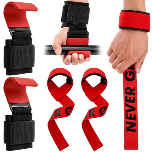 Weight Lifting Hooks & Wrist Straps Set Adjustable Wrist Wraps 2 in 1 Lifting Hooks with Anti-Slip Grip for Weightlifting, Deadlifts, Powerlifting, Gym Straps for Men and Women - color: Red