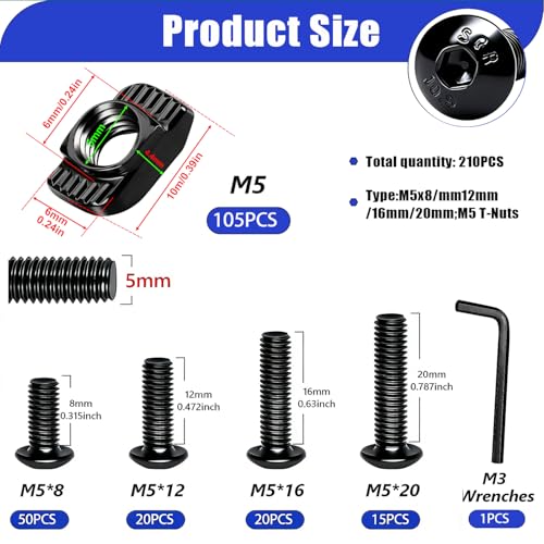 Taiss 210PCS M5 T-Nuts and Bolts Kit for 2020 Aluminum Extrusion Hardware,Hammer Head M5 T-Slot Nut,M5x8/12/16/20mm Hexagon Socket Screws with Hex Wrench - size: 210PCS M5 T-Nuts Screw Kit