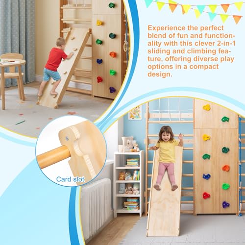 9-in-1 Indoor Climbing | All-in-One Wooden Home Playground with Rock Climbing Wall, Swings, Gymnastic Rings, Rope Ladder & More | Safe, Space-Saving Fitness & Fun for Family