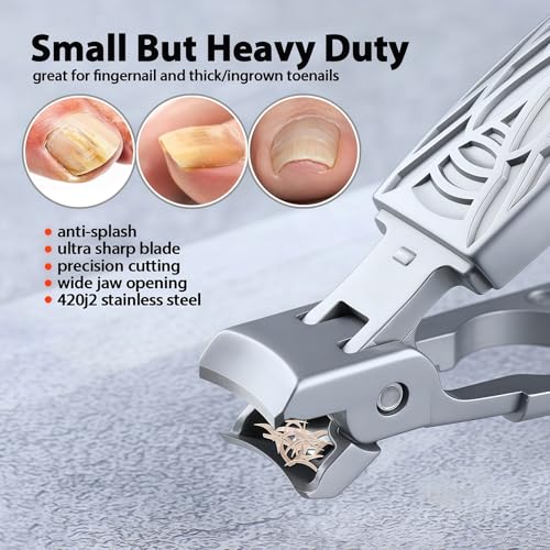 Nail Clippers for Men Thick Nails, Wide Jaw Opening Ultra Sharp Anti-Splash Toenail Clippers for Seniors, Stainless Steel, Comes with Storage Case, Silver