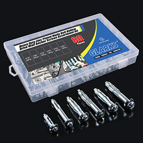 Glarks 80Pcs 6 Size Heavy Duty Zinc Plated Steel Molly Bolt Hollow Drive Wall Anchor Screws Assortment Kit for Drywall, Plaster and Tile - size: 80Pcs 6 Sizes Assortment Set