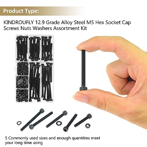 242 Pieces Black M5 x 30/35 /40/45 /50 mm Hex Socket Head Cap Screws Nuts Washers Assortment Kit, 12.9 Grade Alloy Steel - size: M5 x 30/35/40/45/50mm, style: Socket Head