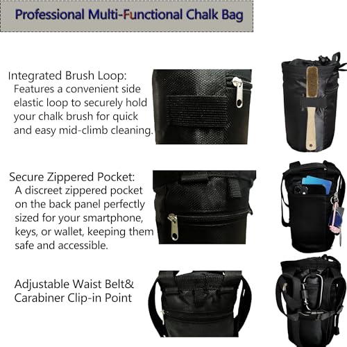 Rock Climbing Chalk Bag & Bouldering Bucket, 7.5" Oxford with Zipper Pocket - Lightweight Gym Accessories for Men Women (Black/Charcoal Grey) - color: Black