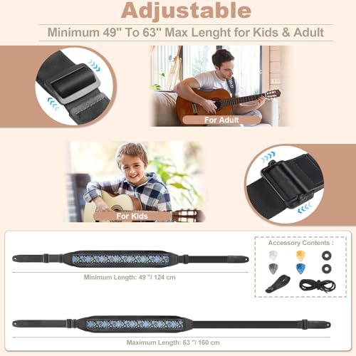 Guitar Bass Strap, Embroidered Electric Guitar Strap, Double Adjustable Buckle, Length Adjustable from 49" to 63", Equipped with 3" 3D Foam Padding, Includes 4 Picks and 2 Strap Locks, Blue Flower. - color: Blue Flower(49"-63")