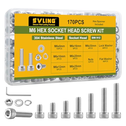 170PCS M6 Screws Assortment Kit, 304 Stainless Steel 18-8 Hex Socket Head Cap Screws Bolts Nuts and Washers Set, M6 x 8/10/12/16/20/25/30mm - size: M6 170PCS Socket SS