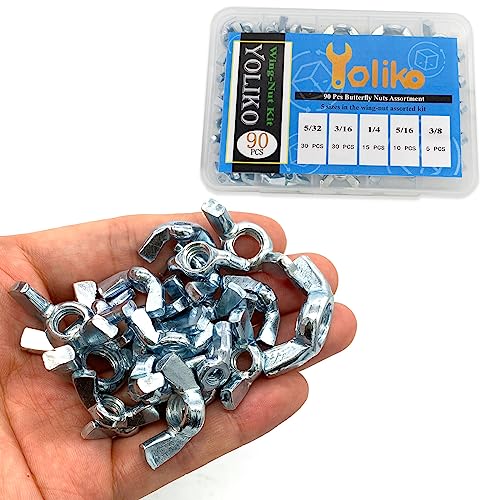 90 Pcs 5 Sizes 5/32",3/16",1/4",5/16",3/8" Wingnuts, Quality Carbon Steel Wing Nuts Zinc Plated Fasteners Parts Butterfly Nut, Hand Twist Tighten Hardware Nuts Butterfly Wing-Nut Assorted Kit - size: 5 Sizes (5/32", 3/16", 1/4", 5/16", 3/8") - 90 Pcs