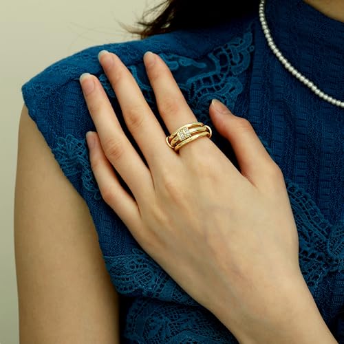 Gold Stackable Rings for Women Non Tarnish, Dainty 14K Gold/Silver Plated Cubic Zirconia Spinelli Ring Chunky Multi Rings Mixed Metals Ring Stack Set Non Tarnish Jewelry - color: Plain-Gold, size: 10