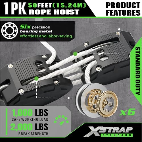 XSTRAP STANDARD Heavy-Duty Block and Tackle Pulley System, 1000 LB Working Load, 2000 LB Break Strength, 50 FT Rope Hoist with 2 Soft Loops for Garage, Hunting & DIY Attic Lift, White - color: 50 Ft+Black White+2 Soft Loops