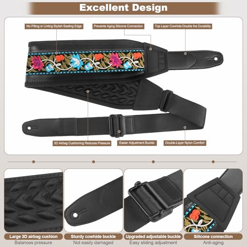 Guitar Straps for Electric Guitar Bass, Jacquard Embroidery Guitar Strap, 3" Wide Padded Straps with 3D Sponge Filling, Comes with 4 Picks + 2 Strap Locks + 1 Headstock Tie + 1 Tie Rope, Bule - color: Blue Embroidery