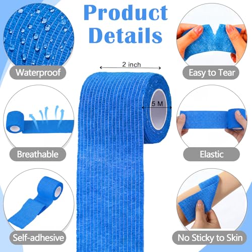 Treela 64 Pack 2 Inch X 5 Yard Self Adherent Cohesive Wrap Bandages Breathable Athletic Tape Self Adhesive Bandage Tape Elastic Rolls for Wrist Ankle(Blue) - color: Blue, size: 2 Inch X 5 Yard