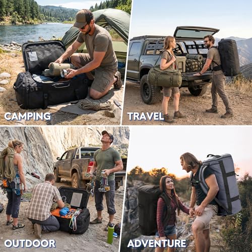 Haimont Heavy Duty Convertible Travel Duffel Backpack, Grey, 90L | Shoe Compartment, Water-Resistant Tarpaulin, Wide U-Shaped Opening - color: Grey, size: 90L
