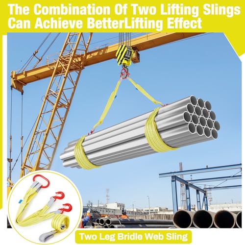 2 Pcs 3.3 FT Heavy Duty Polyester Lifting Rigging Straps Two Leg Bridle Web Sling with Hook & Twist Eye Lift Strap for Hoist Engine Crane Truck Tow Tree Stump 13227 Lbs Load Capacity, Yellow