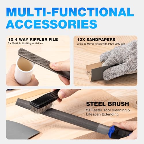 32PCS Metal File Set, Diamond Steel Needle Files, Wood Rasp | 4 Way Riffler File, Sandpapers, Wire Brush with Tool Bag for Metal, Wood, Plastic, Jewelry Carving, Polishing