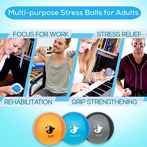 Serenilite Hand Therapy Exercise Stress Ball Bundle - Tri-Density Stress Balls for Adults & Grip Strengthening - color: Orange, Blue, Gray