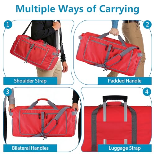 60L Duffle Bag with Shoes Compartment - Foldable&Large Capacity Travel Duffel Bags, Lightweight & Water-Resistant Gym Bag - Red - color: 60L-Red