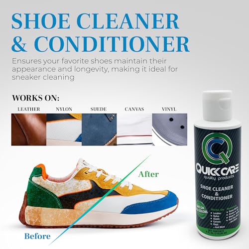 QuickCare Premium Shoe Cleaner with Conditioner, Brush & Sponge, Ultimate Cleaning Shoes Kit for Sneakers, Leather, Suede, Canvas, Mesh, Shoe Care Set, Foam Touch-Up Solution, 4 oz