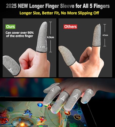 Professional Pure Silver Fiber Finger Sleeves Gloves for Mobile Gaming | Longer Size for 5 Fingers, No More Slipping, Maximum Touch Sensitivity, Anti-Sweat,6 Pack - size: L