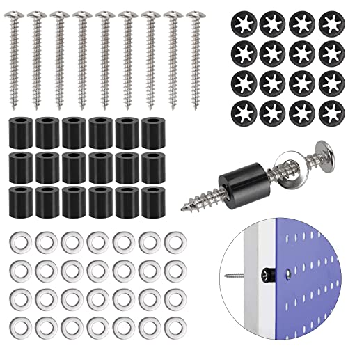 43 Set (172Pcs) Pegboard Mounting spacers and Screws Kit, Peg Boards Installation Hardware Accessories. Include Sturdy Screws, Spacers,Washers and Lock Clips for 1/8 Inch and 1/4 Inch Pegboard