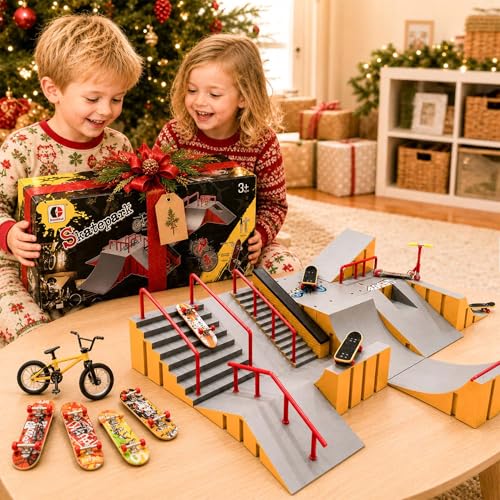 Finger Skateboard Park Kit for Kids, 14-in-1 Mini Skatepark Ramp Set with Half Pipe, 8 Finger Skateboards & Finger Bike, Ramp Accessories Toy Gifts for Boys Girls Ages 3+ - color: 14in1-yellow