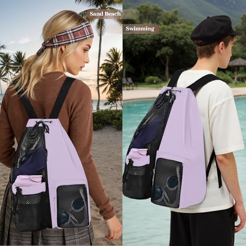 Beach Backpack with Wet Pocket Drawstring Mesh Beach Bag Waterproof Swimming Pool Backpack for Men and Women - color: Purple