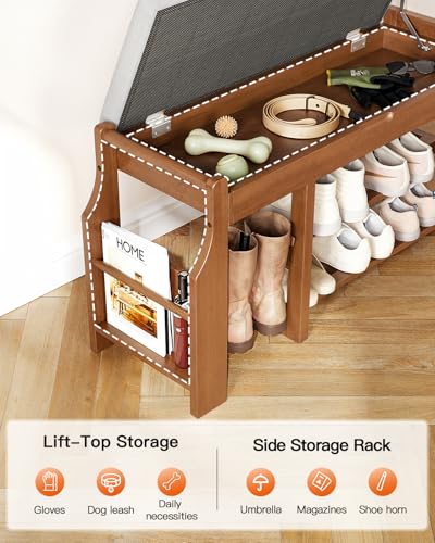 Pipishell 34″ Solid Pine Wood Shoe Rack Bench with Soft Cushion, 2 Tiers Shoe Storage Organizer with Lift-Top Storage and Side Holder, Holds up to 440 lbs, Shoe Bench for Entryway, Hallway, Bedroom - size: 33.6 Inch