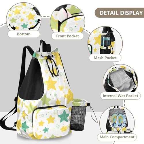 Drawstring Climbing Gym Bag With Inside Pockets Drawstring Bags For Men Women with Wet Dry Compartments Green and Yellow Stars