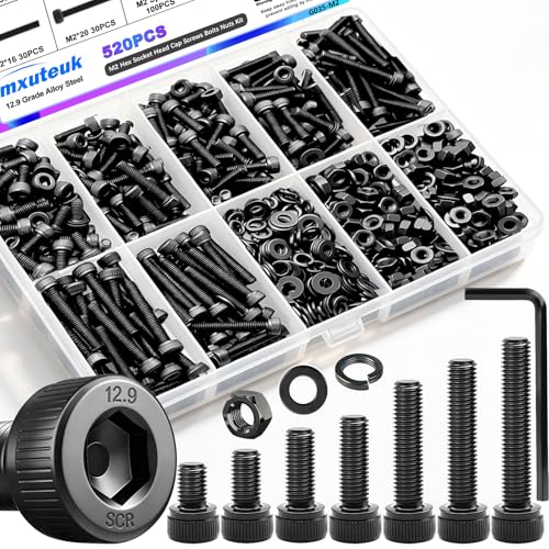 mxuteuk M2 Screws Assortment,M2 x 4/6/8/10/12/16/20mm Hex Socket Head Cap Screws Bolts Nuts Kit, 520PCS 12.9 Grade Alloy Steel Assorted Screws Small Metric Screws Suitable for 3D Printer DIY - size: 520PCS M2, style: Hex Socket Head