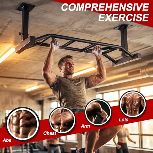 47 Inch Ceiling Mount Pull Up Bar, Adjustable Height Multi-Grip Indoor Chin-Up Bar, Home Gym Fitness Trainer for Workout & Strength Training Equipment