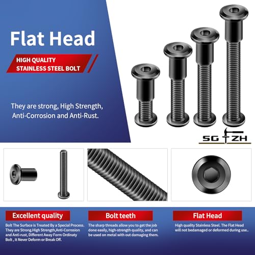 1/4-20 x 1-1/2" 20Pcs Flat Head Hex Socket Cap Screws Bolts Barrel Nuts Kit, 304 Stainless Steel 18-8, Full Thread, Black Oxide by SG TZH (with Hex Spanner) - color: Black, size: 1/4-20 x 1-1/2"