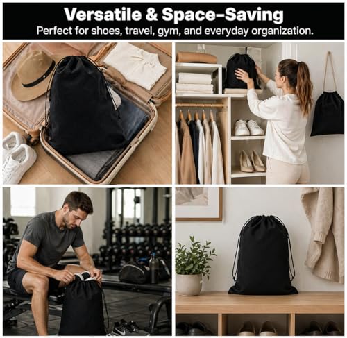 4 Pack Shoe Bags for Travel, Drawstring Travel shoe bag, Black & Beige | Large Size 18.3*13.78 inch,Soft Flannel Material,Washable & Reusable,Shoe Bag for Luggage