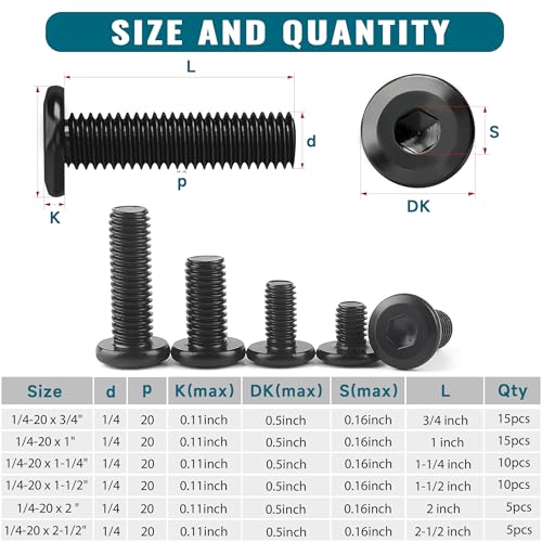 61Pcs 1/4-20 Flat Head Hex Socket Cap Screws Assortment Kit, 1/4-20 x 3/4” 1” 1-1/2” 1-1/4” 2-1/2” 2” Socket Cap Bolts,304 Stainless Steel, Full Thread, Black Oxide with Hex Spanner - size: 1/4-20