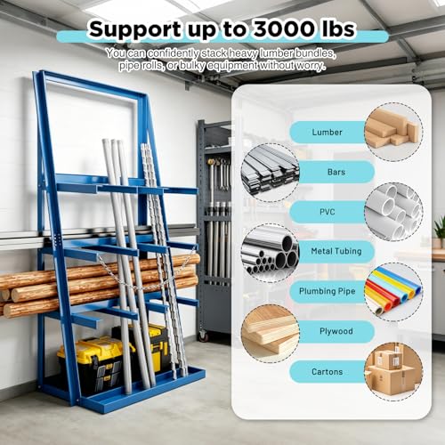 Vertical Bar Rack, Heavy Duty Rack for 3000LBS Capacity, Lumber Storage Shelfs Rack with Safety Chain, Carbon Steel Standing Pipe Rack Shelf Organizer for Warehouse Garage Workshop Factory
