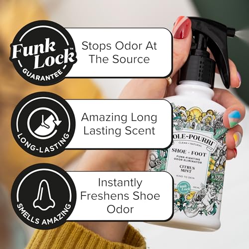 Sole-Pourri Shoe Deodorizer + Foot Spray, 3.4 Fl Oz, Up to 150 Uses, Funk-Fighting Odor Freshener with Essential Oils, for Smelly Shoes, Feet & Gym Bags, Citrus & Mint Scent - size: 1 Ounce (Pack of 1), style: Citrus Mint